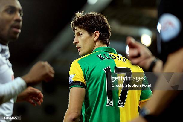 Timm Klose of Norwich City during the Barclays Premier League match between Norwich City and Tottenham Hotspur at Carrow Road Stadium on February 2,...