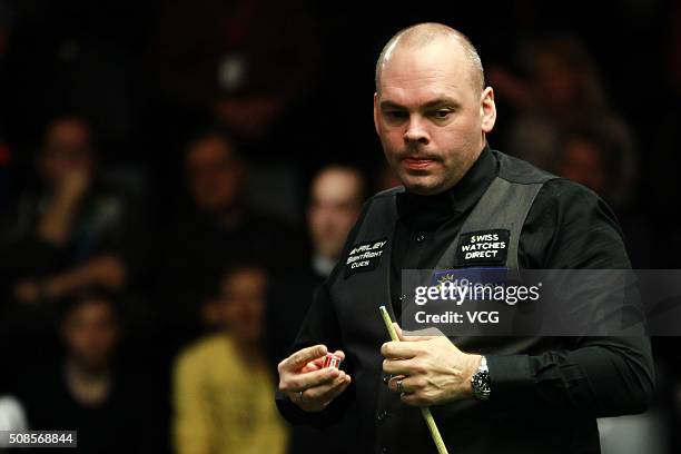Stuart Bingham of England reacts during the second round match against Ryan Day of Wales on day three of German Masters 2016 at Tempodrom on February...