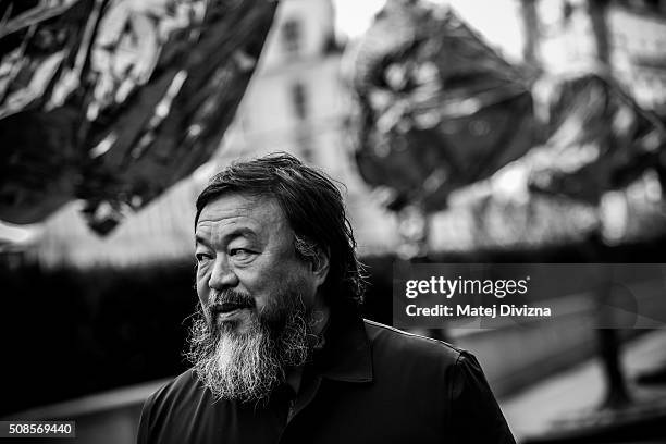 Chinese artist Ai Weiwei attends a gathering with media in front of the Trade Fair Palace run by the National Gallery on February 5, 2016 in Prague,...