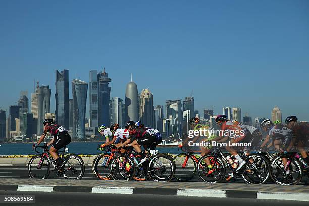 Lisa Brennauer of Germany and Canyon SRAM Racing leads the peloton rides around the Doha Corniche during stage 4 of the 2016 Ladies Tour of Qatar...