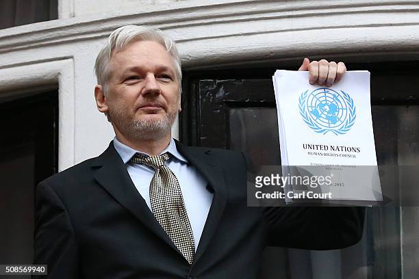 Wikileaks founder Julian Assange speaks from the balcony of the Ecuadorian embassy where he continues to seek asylum following an extradition request...