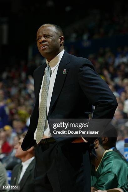 Head coach Mike Anderson of the Alabama Birmingham Blazers looks upset during the first round game of the NCAA Division I Men's Basketball Tournament...