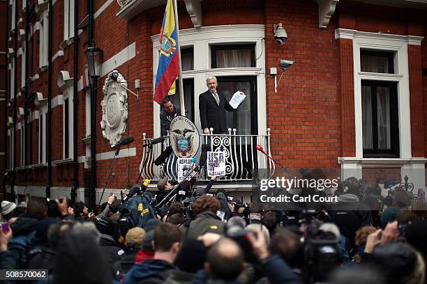 Wikileaks founder Julian Assange speaks from the balcony of the Ecuadorian embassy where he continues to seek asylum following an extradition request...