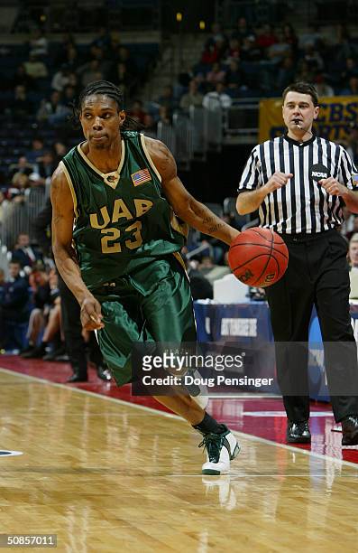 Demario Eddins of the Alabama Birmingham Blazers drives during the first round game of the NCAA Division I Men's Basketball Tournament against the...