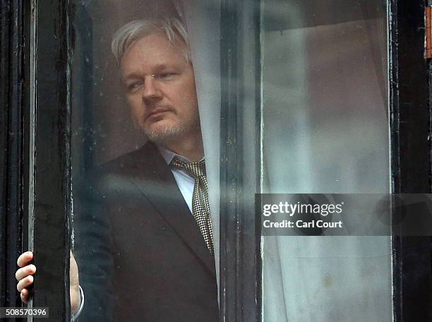 Wikileaks founder Julian Assange prepares to speak from the balcony of the Ecuadorian embassy where he continues to seek asylum following an...