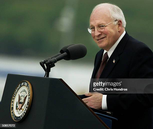 Vice President Dick Cheney smiles while giving the commencement address at the United States Coast Guard Academy May 19, 2004 in New London,...