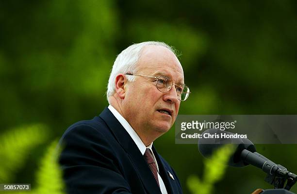 Vice President Dick Cheney gives the commencement address at the United States Coast Guard Academy May 19, 2004 in New London, Connecticut. Cheney...