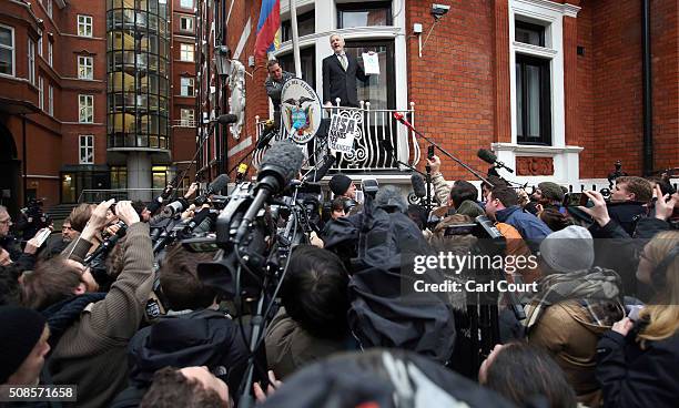 Wikileaks founder Julian Assange speaks from the balcony of the Ecuadorian embassy where he continues to seek asylum following an extradition request...