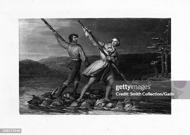 An engraving of George Washington, then a Colonel, crossing the Allegheny river with Christopher Gist on a roughly constructed raft, source material...