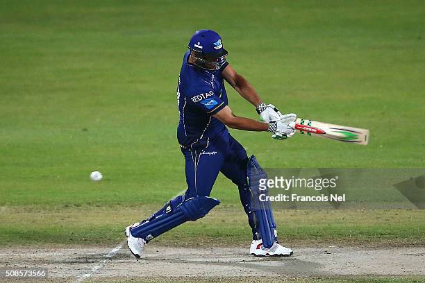Andrew Symonds of Capricorn Commanders bats during the Oxigen Masters Champions League match between Capricorn Commanders and Libra Legends on...