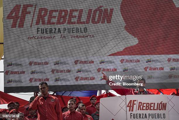 Nicolas Maduro, Venezuela's president, gestures while speaking at a rally to commemorate the 24th anniversary of former Venezuelan President Hugo...