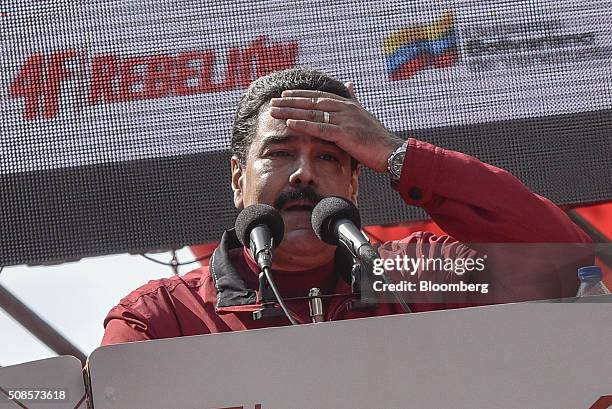 Nicolas Maduro, Venezuela's president, gestures while speaking at a rally to commemorate the 24th anniversary of former Venezuelan President Hugo...