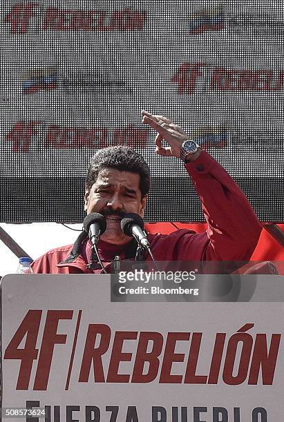 Nicolas Maduro, Venezuela's president, gestures while speaking at a rally to commemorate the 24th anniversary of former Venezuelan President Hugo...