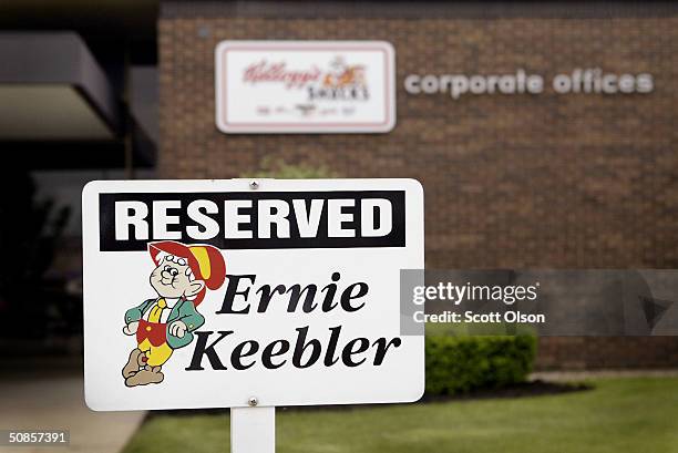 Sign marks the parking space for elf Ernie Keebler at the Keebler corporate offices May 19 in Elmhurst, Illinois. Kellogg Co., which bought Keebler...