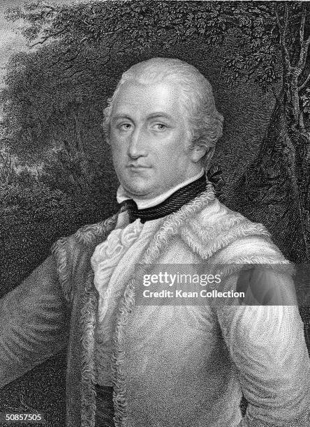 Engraved portrait of Brigadier General Daniel Morgan , the victorious American commander at the battles of Saratoga and Cowpens, as he wears a wig...