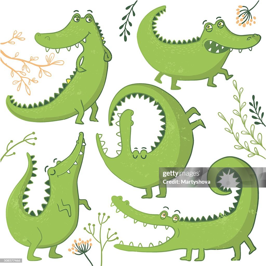 Set of funny hand drawn crocodiles.