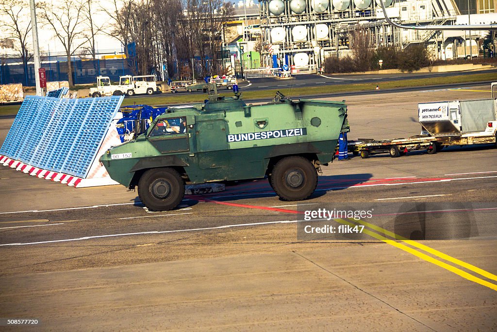 Police armored  protection vehicle in International Frankfurt Airport,