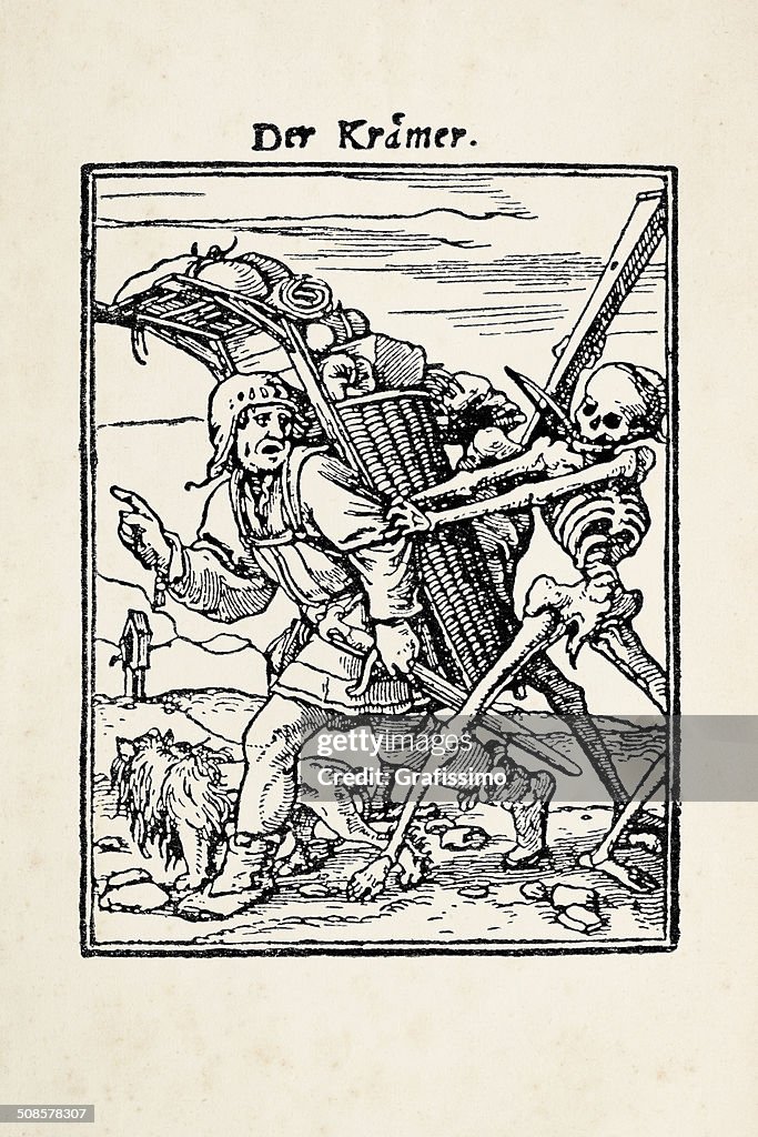 Peddler mit Skelett von dance des Todes nach Holbein