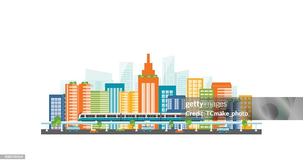 Capital.downtown.electric train. transportation. color full building