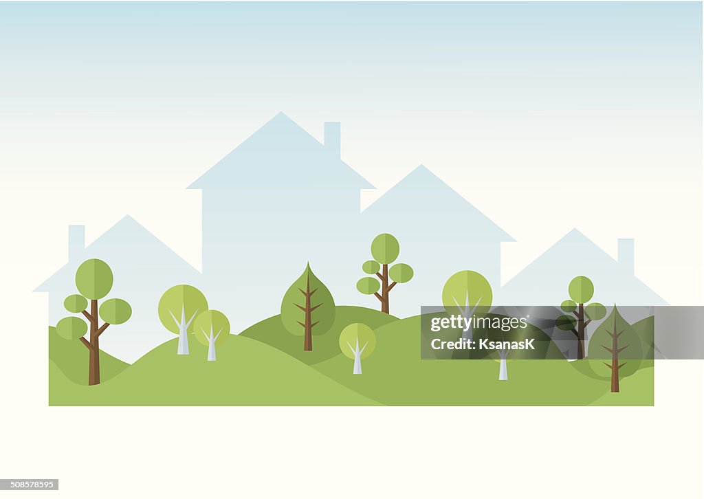 Grüne Bäume und Häuser Silhouetten