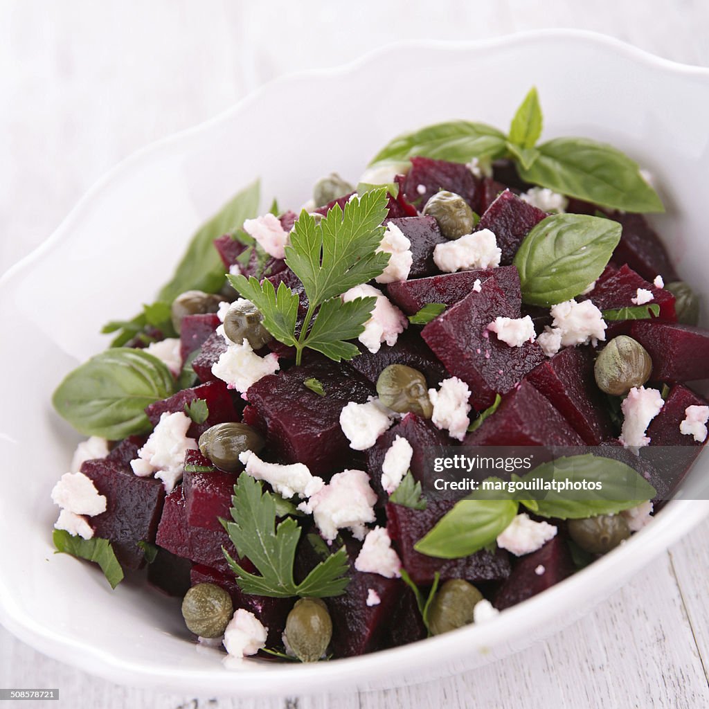 Beetroot salad with cheese and basil