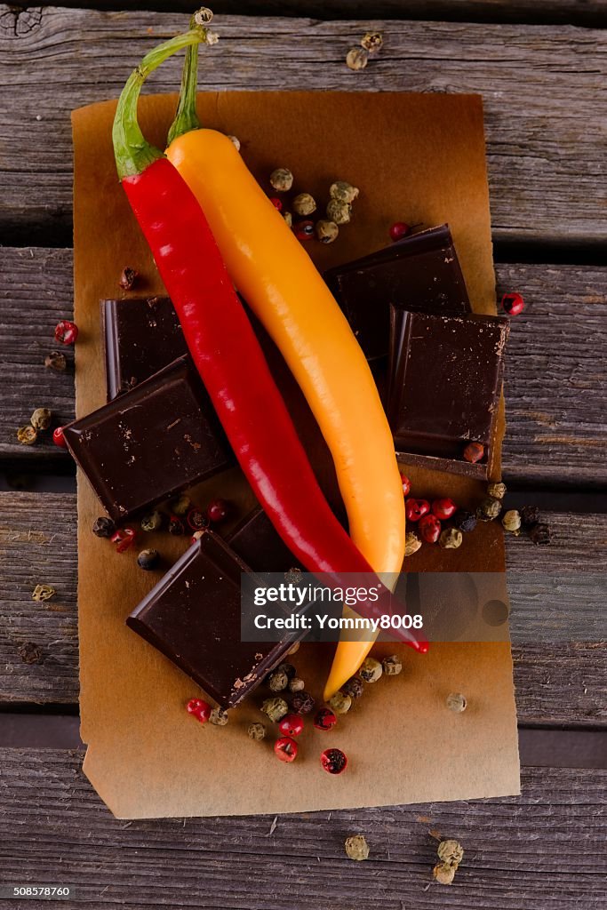 Couple of chili peppers with dark chocolate