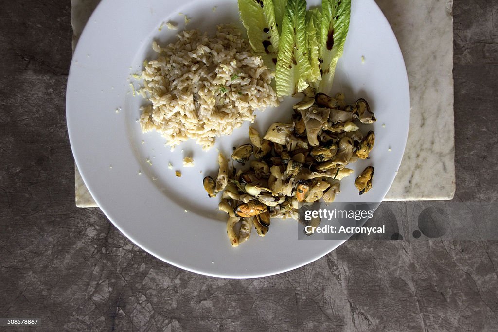 Austern und Reis und Salat
