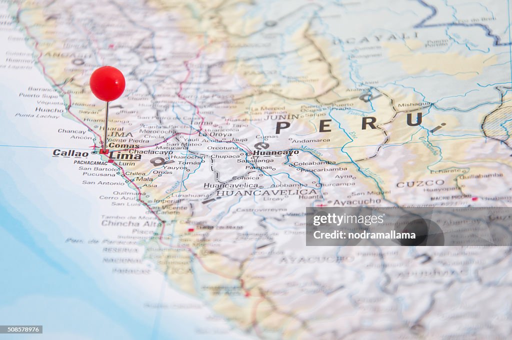Lima, Brazil, Yellow Pin, Close-Up of Map.