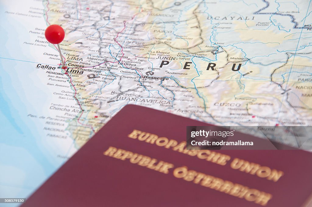 Lima, Peru, Red Pin and Passport, Close-Up of Map.