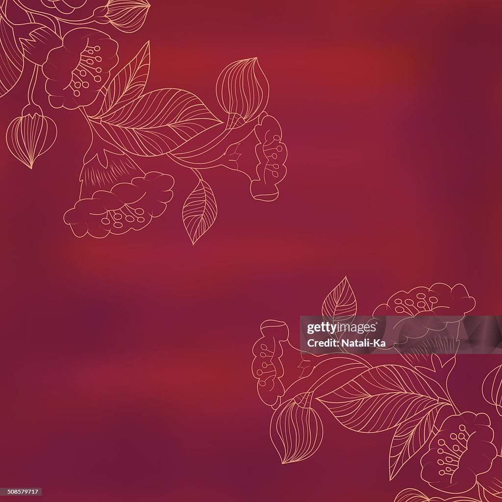 Sketch of flowers on a red watercolor background in vintage