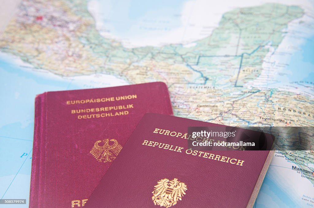 Close Up of Passport and map of Central America.