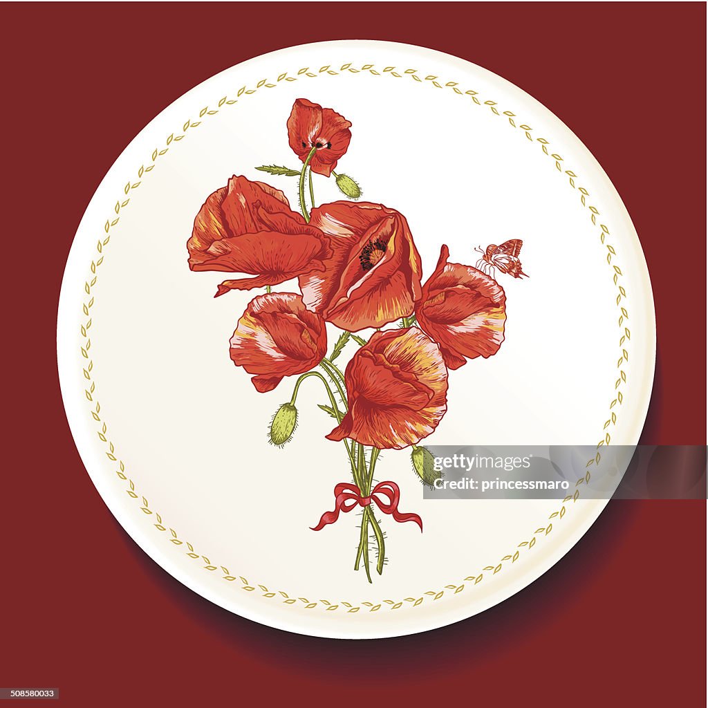 Beautiful bouquet of red poppy on a white plate
