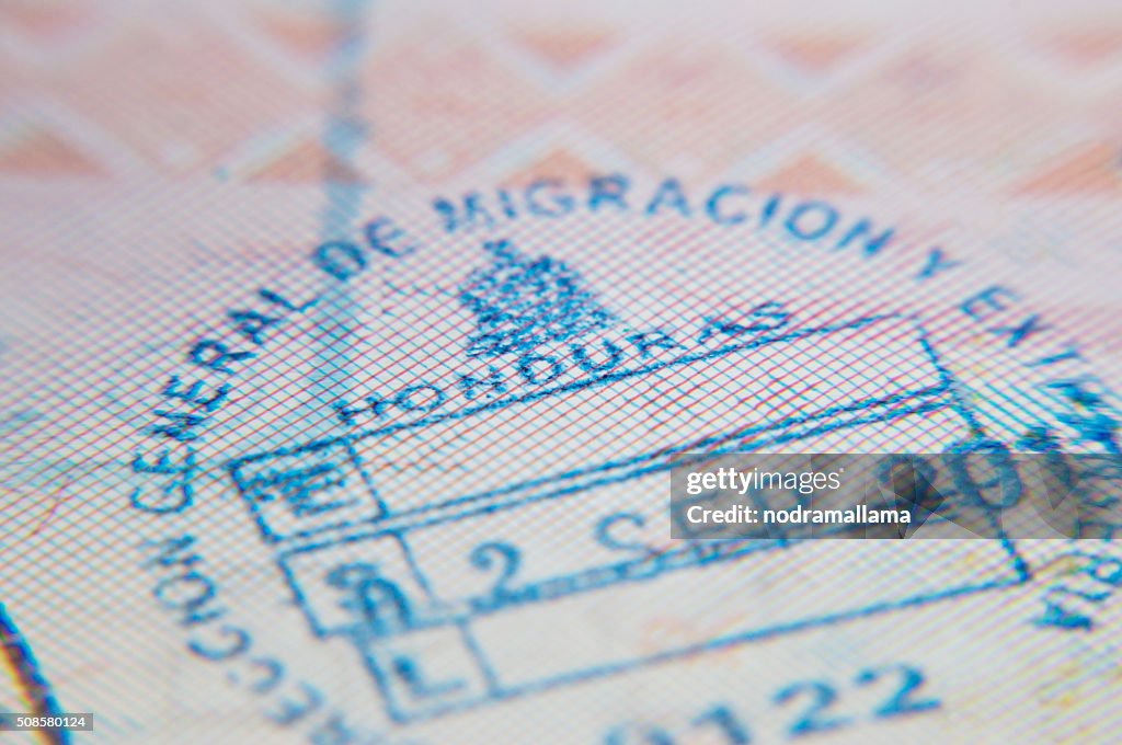 Macro de llegada de Honduras en sello de pasaporte