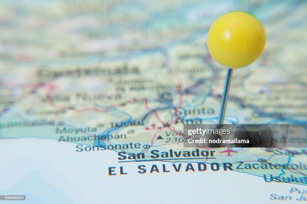 Close Up of Pin on map, San Salvador, El Salvador.