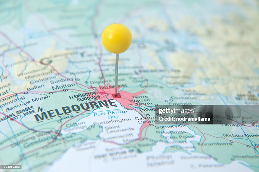 Close Up of Pin on the map, Melbourne, Victoria, Australia.