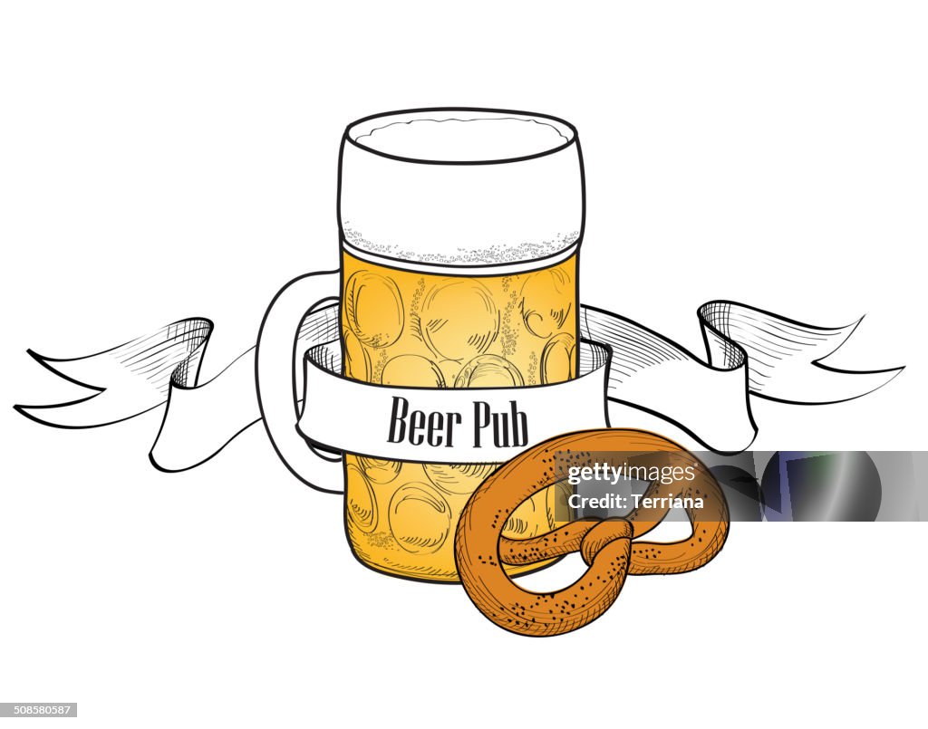 Simbolo di birra.  Bicchiere pieno di birra con pretzel.  Beer bar banner