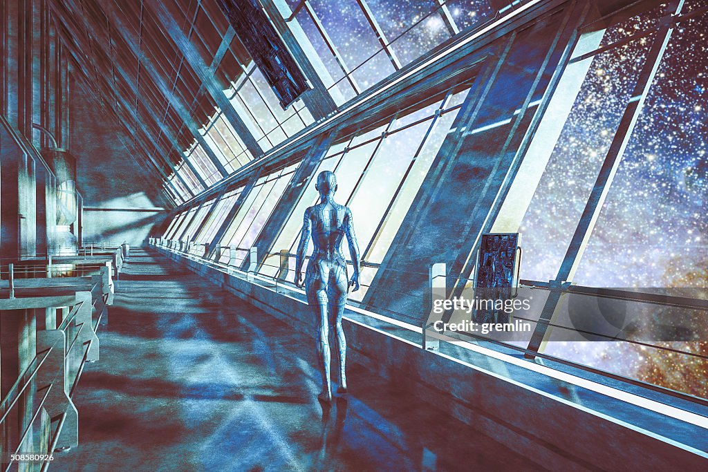 Cyborgs in Raumschiff, um Sterne, Universum