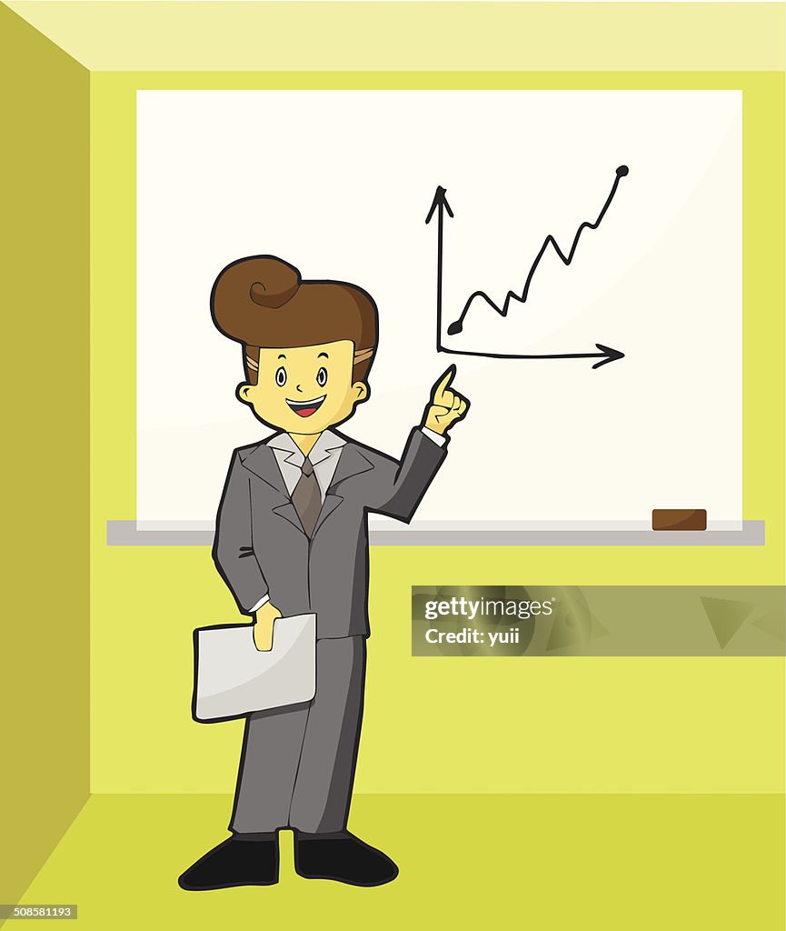 ビジネスマン、ホワイトボードに立つとポイントを成長率のグラフ