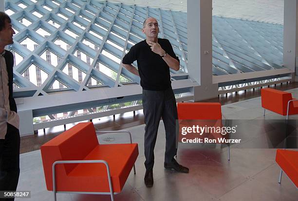 Rem Koolhaas and Ole Scheeren of the Office for Metropolitan Architecture chat at the Central LIbrary on May 19, 2004 in Seattle, Washington. The...