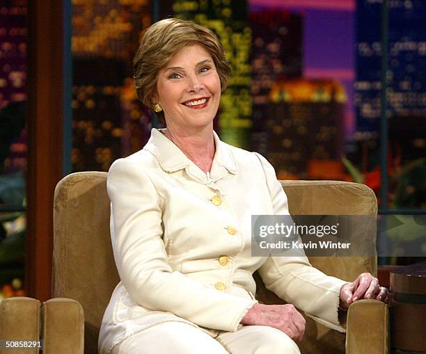 First Lady Laura Bush appears on "The Tonight Show with Jay Leno" at the NBC Studios on May 19, 2004 in Burbank, California.