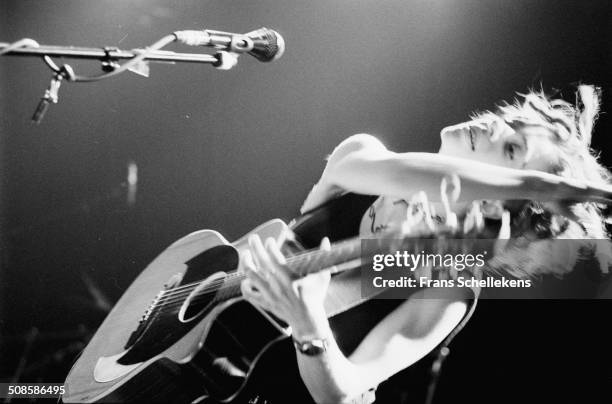 Ani di Franco, vocal-guitar, performs at the Melkweg on 7th December 1996 in Amsterdam, Netherlands.