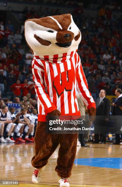 Bucky the Badger, the mascot of the Wisconsin Badgers, performs on the court during the first round game of the NCAA Division I Men's Basketball...