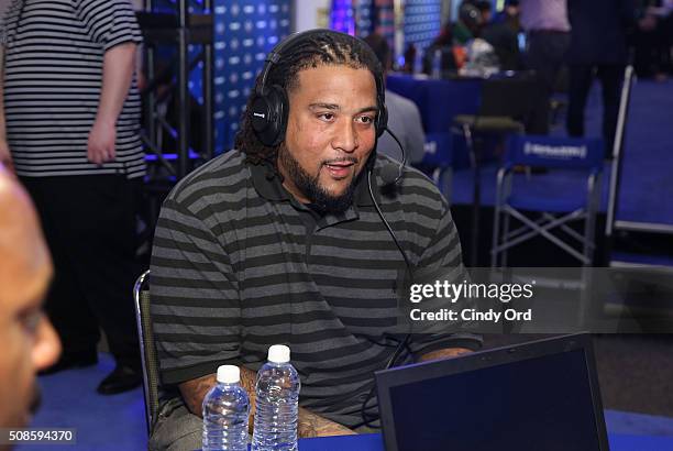 Donald Penn of the Oakland Raiders visits the SiriusXM set at Super Bowl 50 Radio Row at the Moscone Center on February 5, 2016 in San Francisco,...