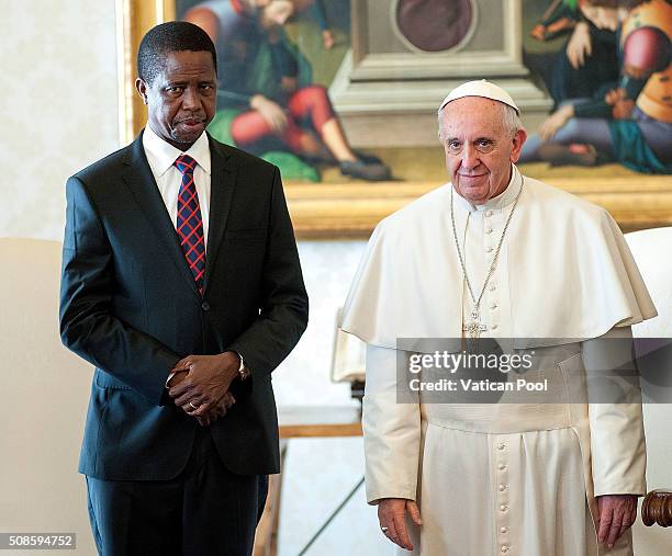 Pope Francis meets President of the Republic of Zambia Edgar Lungu on February 5, 2016 in Vatican City, Vatican. The discussion focused on the...