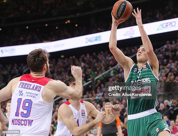 Siim-Sander Vene, #3 of Zalgiris Kaunas competes with Joel Freeland, #19 of CSKA Moscow in action during the Turkish Airlines Euroleague Basketball...