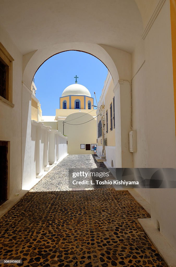 Beautiful dome church in Fira Village in Santorini, Greece