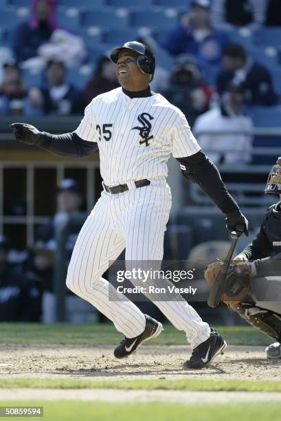 Designated hitter Frank Thomas of the Chicago White Sox at bat during the game against the Toronto Blue Jays at U.S. Cellular Field on May 2, 2004 in...