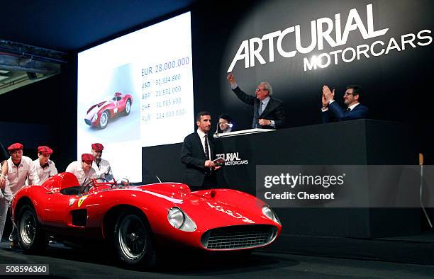 Ferrari 335 S Spider Scaglietti model from the Pierre Bardinon collection is displayed during the auction at Retromobile show by the Artcurial...