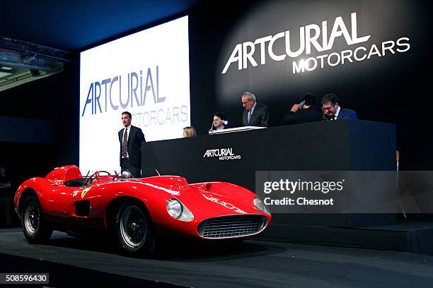 Ferrari 335 S Spider Scaglietti model from the Pierre Bardinon collection is displayed during the auction at Retromobile show by the Artcurial...