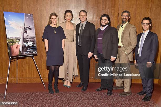 Sarah Ellison, Maggie Gyllenhaal, Brian Knappenberger, Kent Rees, Shahid Buttar and Nathan Wessler attend a screening and panel discussion hosted by...